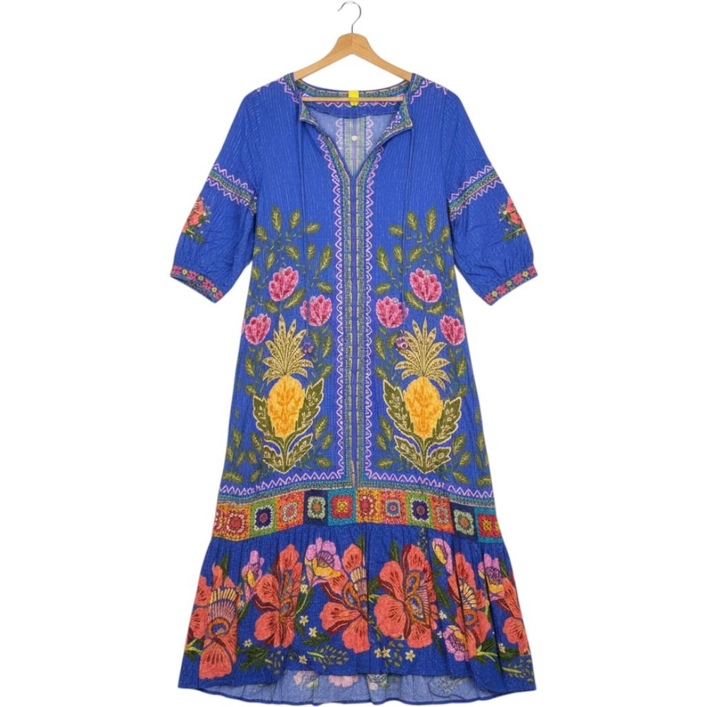 Farm Rio Blue Tropical Floral Pineapple Metallic Pinstripe Midi Dress Medium